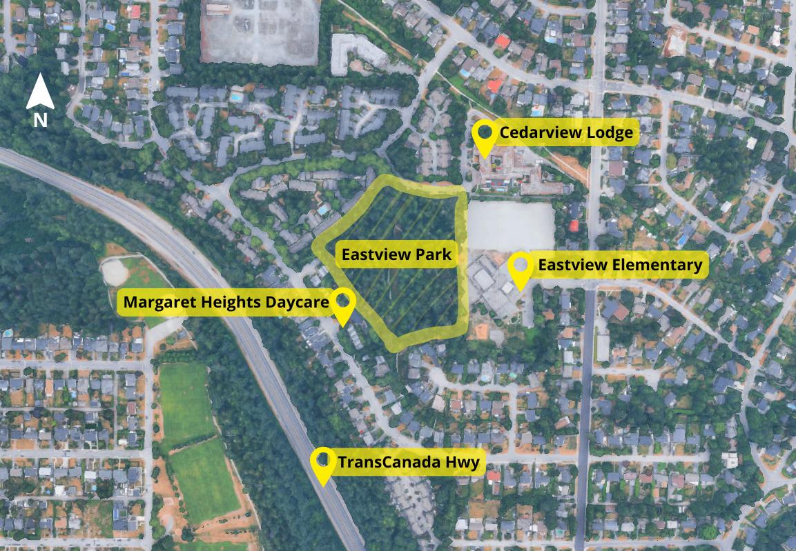 Map showing the relative location of Eastview Park to the southeast of Cedarview Lodge and Eastview Elementary, west of TransCanada Hwy and Margaret Heights Daycare