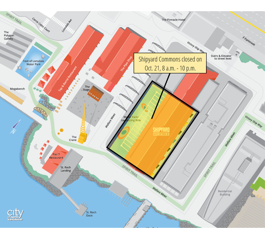 Map highlighting The Shipyards area where the commons will be closed from 8am to 10pm